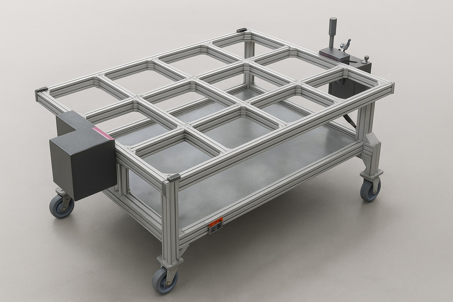 T-slot aluminum EV battery handling cart with ESD-safe surface and position stops for module transport